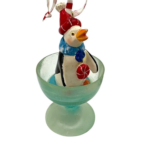 Festive Christmas Ornament Penguin in Cup & Wreath Vintage Lot of 2 Gift Giving - Picture 2 of 6